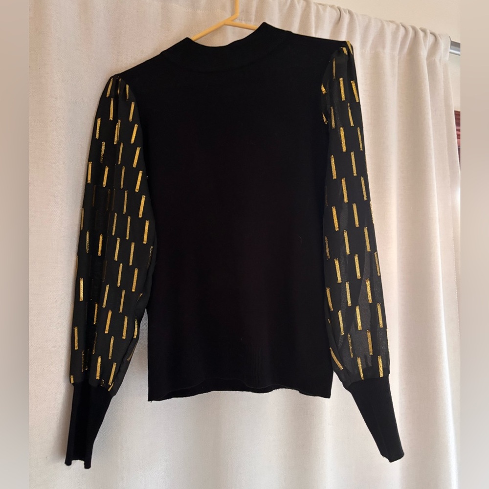 MWT - Tahari Black Top with Gold Accent Sheer Sleeves